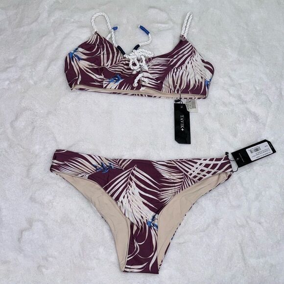 TAVIK REIGN Swim Top PRINT LATONA PALM MERLOT & ALI Moderate Swim Bottom Size Sm - Picture 5 of 11